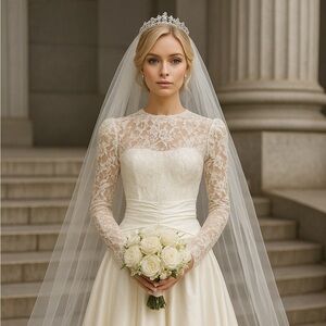 Dessy Creations Vintage Ivory Lace Tea-Length Wedding Dress Ruched Waist